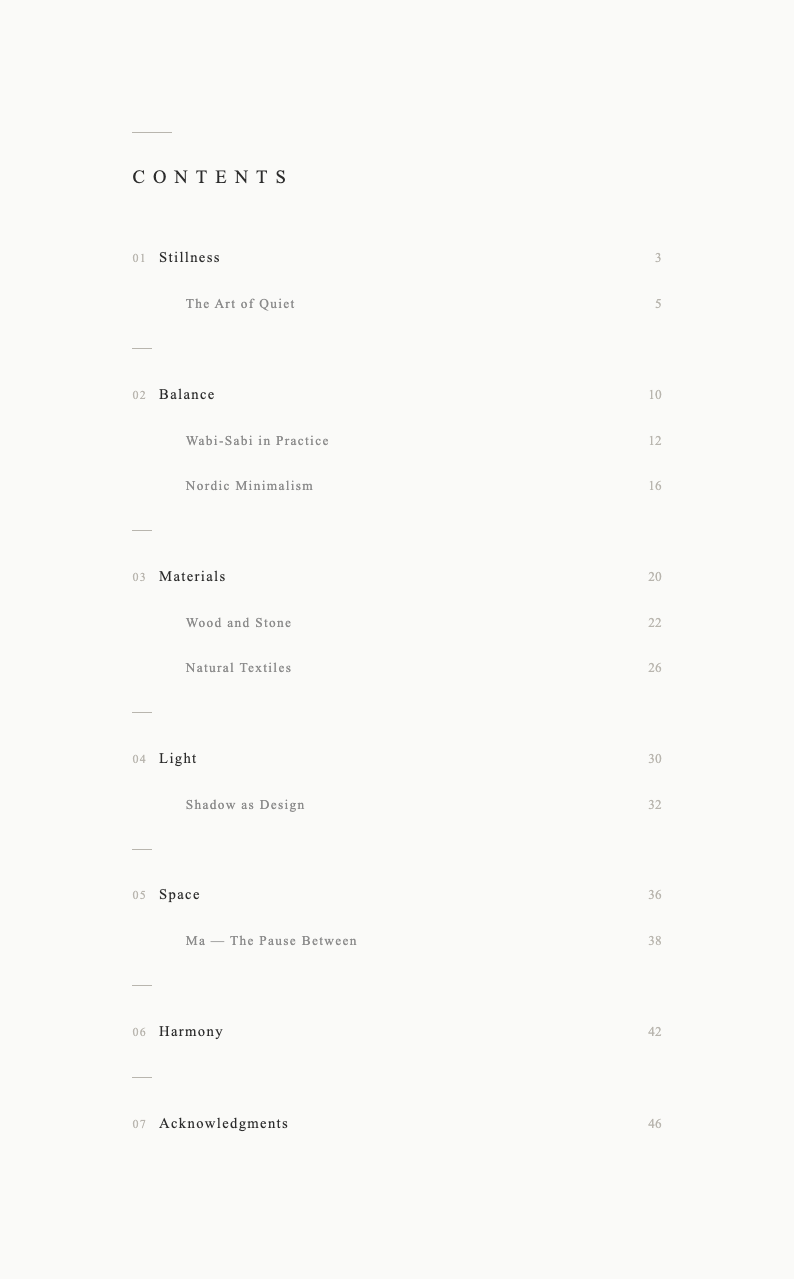 Japandi minimalist table of contents